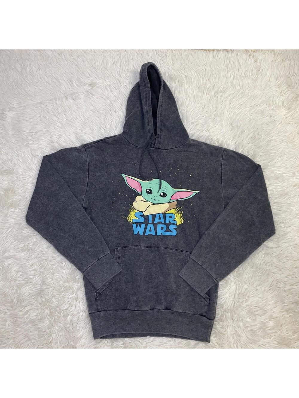 Star Wars Baby Yoda Mens Gray Mineral Washed Fleece Graphic Hoodie Size Small